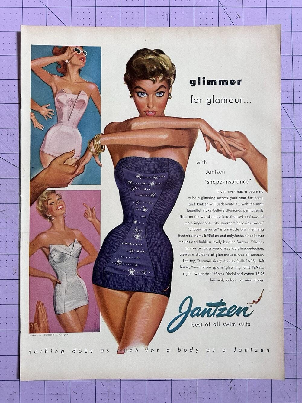 Jantzen Women's Swim Suits Gimmer For Glamour Shape Insurance Print Ad 1954